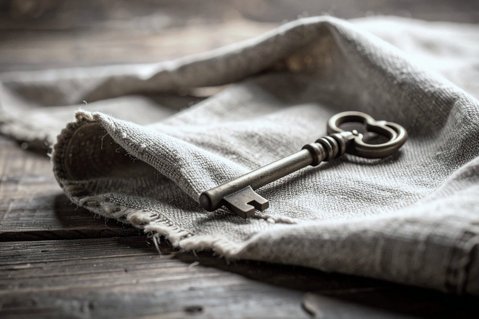Antique brass key resting on linen