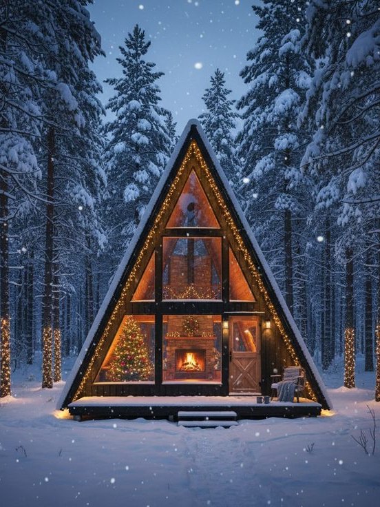Chalet A-frame illuminé dans la forêt
