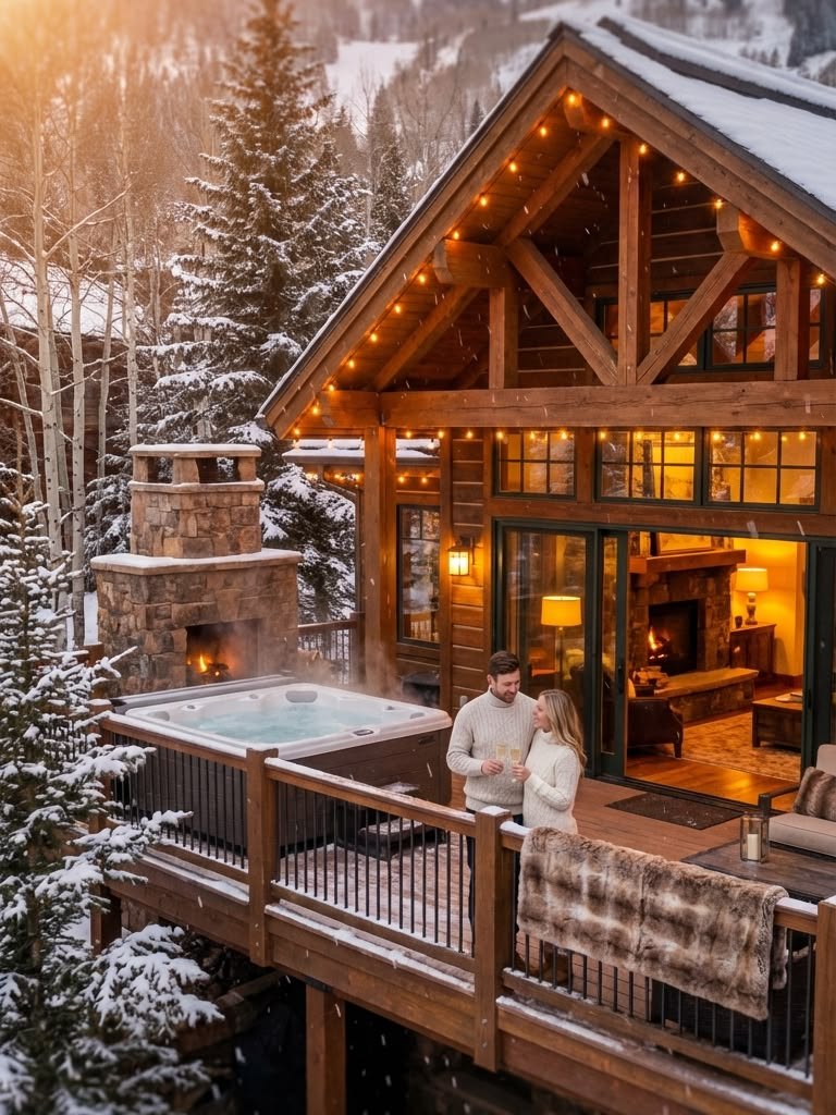 Chalet sous la neige, foyer allumé au crépuscule