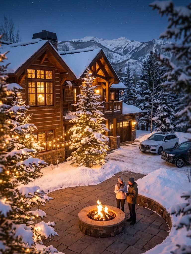 Chalet enneigé illuminé pour les fêtes