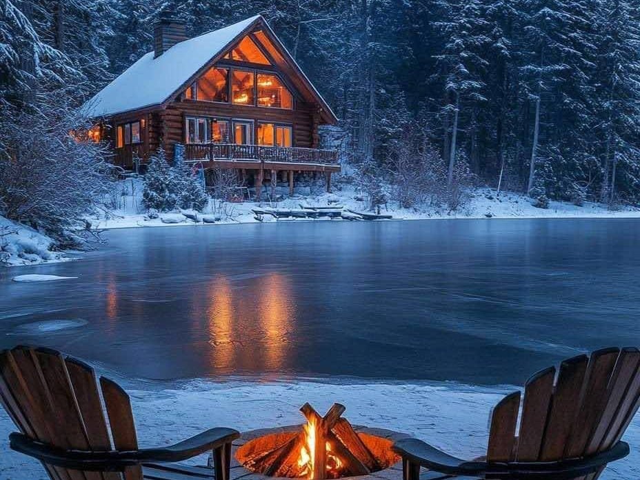 Chalet au bord du lac avec feu de camp