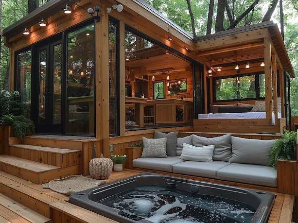 Terrasse de chalet avec spa au cœur de la forêt
